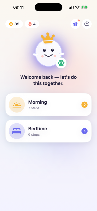 Qummo's child home screen showing today's routines as large picture cards