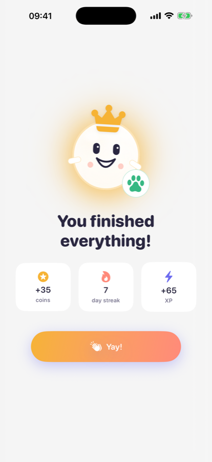 The celebration screen with confetti, coins, streak and XP